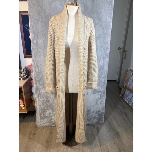 Vintage 70's Maxi Chunky Knit Mohair Wool Cardigan Beige 2 Button Casual Sweater - Picture 12 of 16